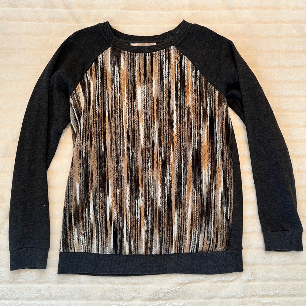 Grey sweater with brown and cream front pattern